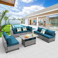Rattaner Patio Furniture Sectional Sofa Set 9 Pieces Outdoor Wicker Furniture Couch Large-Size Storage Table with Thicken(5") Anti-Slip Peacock Blue Cushions
