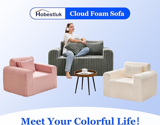 Hobestluk Couch Sofa 2-Seater Foam Sofa Loveseat for Small Spaces Comfy Sofas with Removable Cover Furry Couch with Pillows for Living Room, Bedroom, Apartment, Office (Grey, Loveseat)