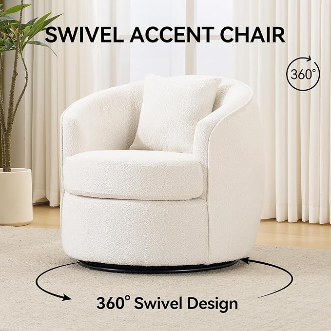 FaFaSoGoodFa Swivel Accent Chair, Modern Upholstered Boucle Barrel Arm Chairs with Pillow for Living Room, 360 Degree Round Swivel Sherpa Armchair with Round Base for Bedroom Club (1, Cream)