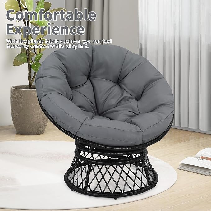 Kromax 40" Ergonomic Wicker Papasan Chair, 360° Swivel Round Egg Chair with Soft Thick Cushion, Indoor Outdoor Use for Living Room, Bedroom, Reading Room, Black Frame with Dark Grey Cushion