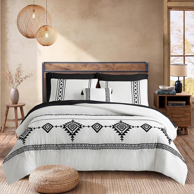 MaiRêve Embroidery Comforter Set, Boho Farmhouse Western Bedding Set, All Season Bed in A Bag Comforter Set with Sheets, Pillowcases & Shams, White Full 7 Pieces