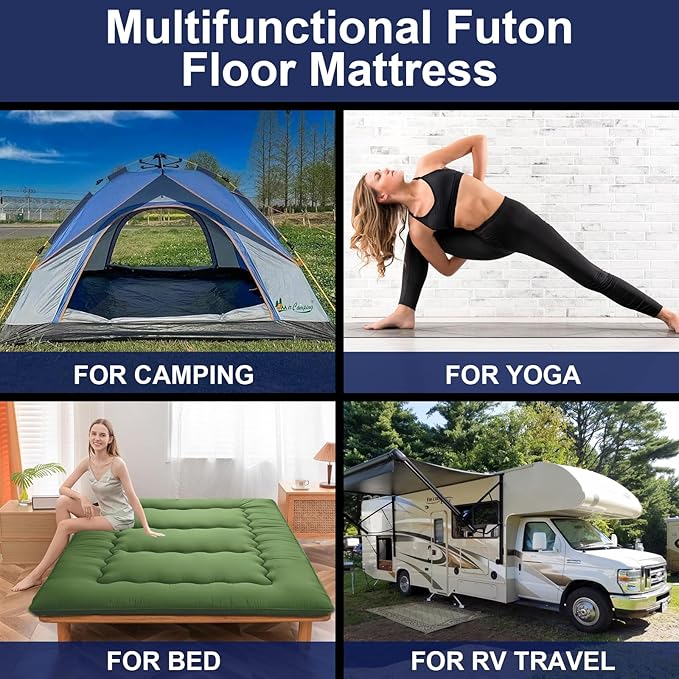 Japanese Floor Mattress,Thicken Japanese Floor Sleeping Pad Foldable,Roll Up Tatami Mat Easy to Store and Portable,Futon Mattress Suitable for Camping and Guest Room (greens, Full (80" X 47"))