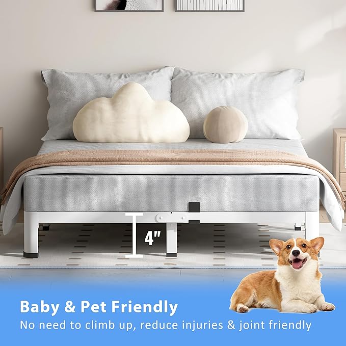 VIPSHOW 4 Inch White King Size Bed Frame, 3500Lbs Heavy Duty Metal Platform with Round Corner Legs Mattress Slide Stopper, Steel Slat Support No Box Spring Needed, Noise Free, Non-Slip, Easy Assembly
