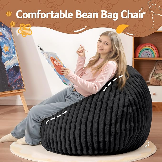 Homguava 2FT Bean Bag Chair, 2' Small Bean Bags with Memory Foam Filled, Beanbag Chairs with Machine Washable Cover Dutch Corded Plush Cover for Classroom,Living Room,Bedroom-Black