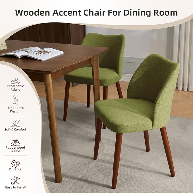 ElfinAura Dining Chair Set of 6, Linen Upholstered Dining Chair with Wood Legs, Wing Backrest, Wooden Kitchen Chair, Kitchen Chairs with Thick Cushions for Dining Room, Living Room, Green