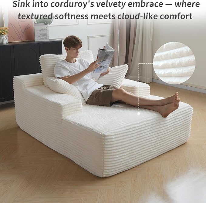 WJShome Oversized Chaise Lounge Chair Indoor, Plush Corduroy Boneless Sofa Bed, Cloud Reading Chair with Throw Pillow for Living Room (White)
