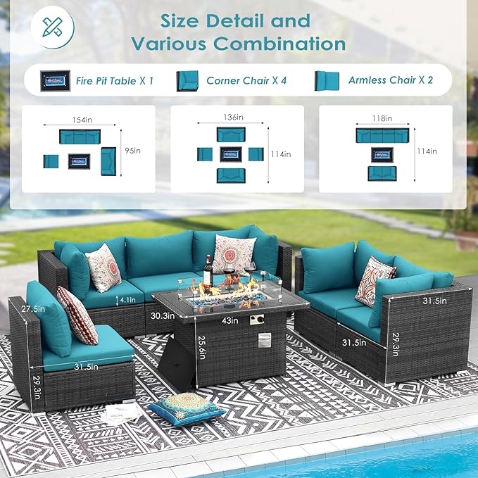 RADIATA 7 Piece Wicker Patio Furniture Set with Fire Pit, All-Weather Outdoor Sectional Couch High Back Large Size, Modular Backyard Seating Sofa Set with Propane/Natural Gas Firepit Table, Grey&Teal