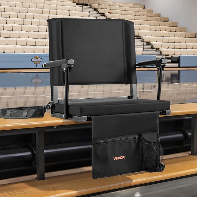 VEVOR Stadium Seat, Portable Bleacher Seat with Armrest, Back Support and Thick Cushion, Bench Chair for Bleacher Includes Shoulder Strap, Hooks, Cup Holder, Black Football Bleachers Seats, 1PCS