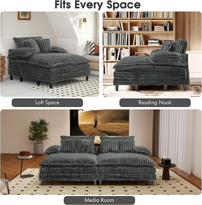 54.8" W Oversized Chaise Lounge Chair Indoor with 5-Position Adjustable Backrest, Plush Sleeper Sofa Bed with Pillows, Upholstered Cloud Couch Chair for Living Room, Study Room, Dark Grey