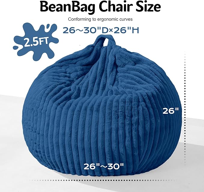Homguava 2FT Bean Bag Chair, 2' Small Bean Bags with Memory Foam Filled, Beanbag Chairs with Machine Washable Cover Dutch Corded Plush Cover for Classroom,Living Room,Bedroom-Blue