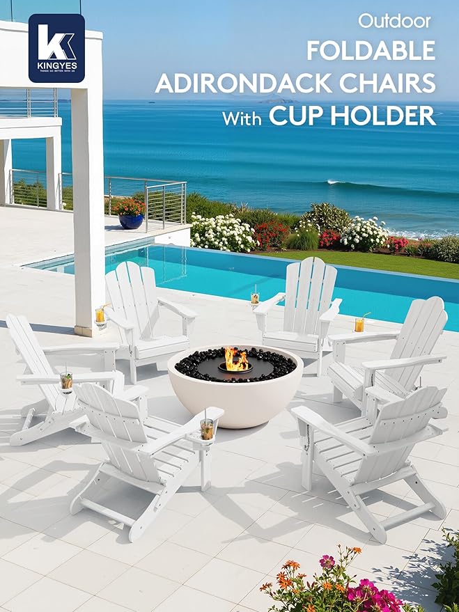 KINGYES Folding Adirondack Chair Set of 4, HDPE All-Weather Patio Chairs with Cup Holder, Wooden Textured Fire Pit Chairs for Poolside, Backyard, Deck, White