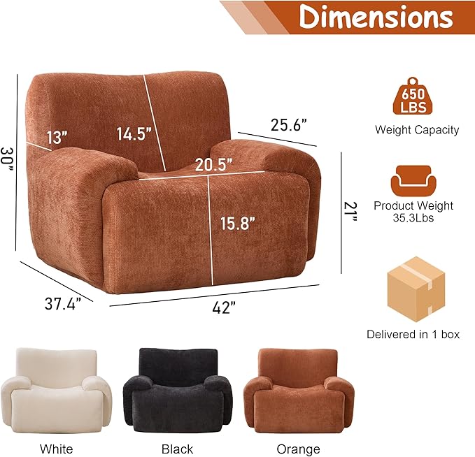 Boneless Chair, 42" W Oversized Single Sofa Chair for Living Room, Chenille Cloud Comfy Chairs, Foam Couch Armchair for Bedroom, Apartment, Office. Reading, No Assembly(Orange)