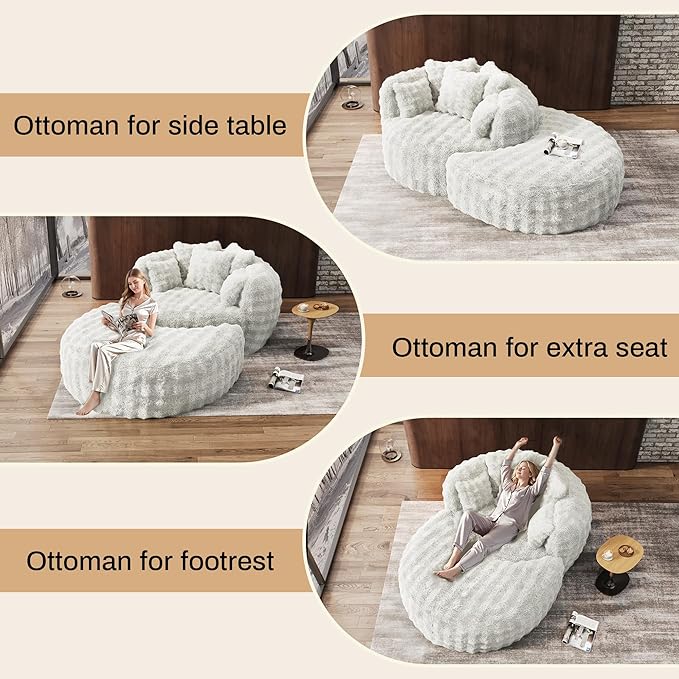 Oversized Chaise Lounge Chair Indoor with Ottoman 55" W x 75" L Round Reading Chair Plush Faux Fur Corduroy Cloud Circle Boneless Chair with 5 Pillows for Living Room - Beige White