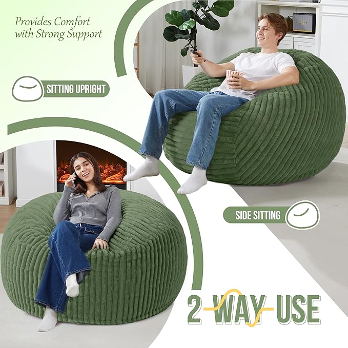 Homguava 4 FT Bean Bag Chair,4' Big Bean Bag,Large Bean Bag Chairs for Adults with Memory Foam Filled,Comfy Beanbag Chairs Soft Bean Bag Sofa with Dutch Corded Plush Cover-Green