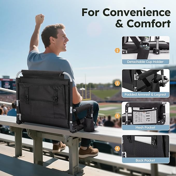 LET'S CAMP Folding Stadium Seat Bleacher Chair with Cup Holder, Mesh Bag and Hide Hooks, Portable Stadium Chair with Back and Cushion