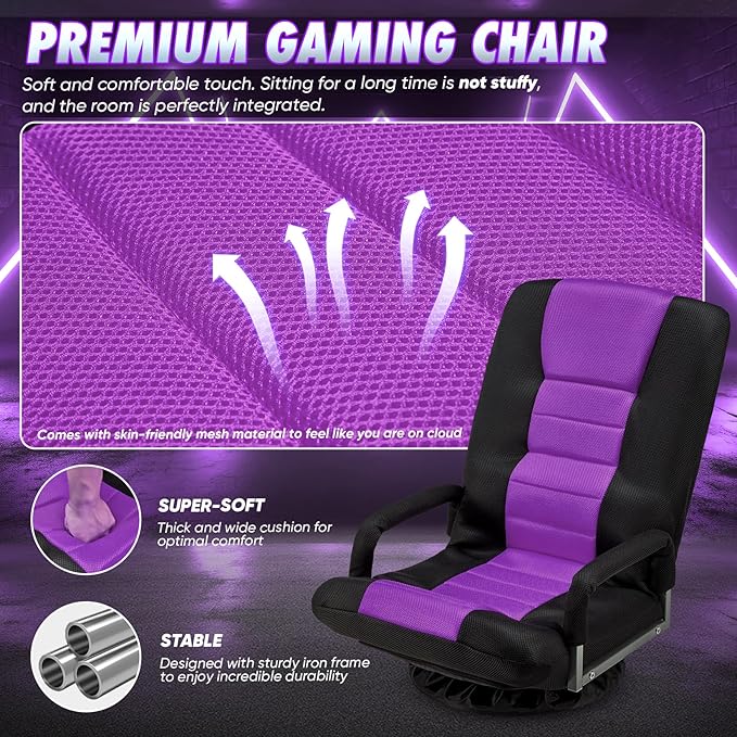 Swivel Gaming Chair 360 Degree Multipurpose Floor Chair w/Armrest & 6 Adjustable Postions Backrest for Adults & Kids, for Reading, Gaming, Watching, Relaxing, Purple