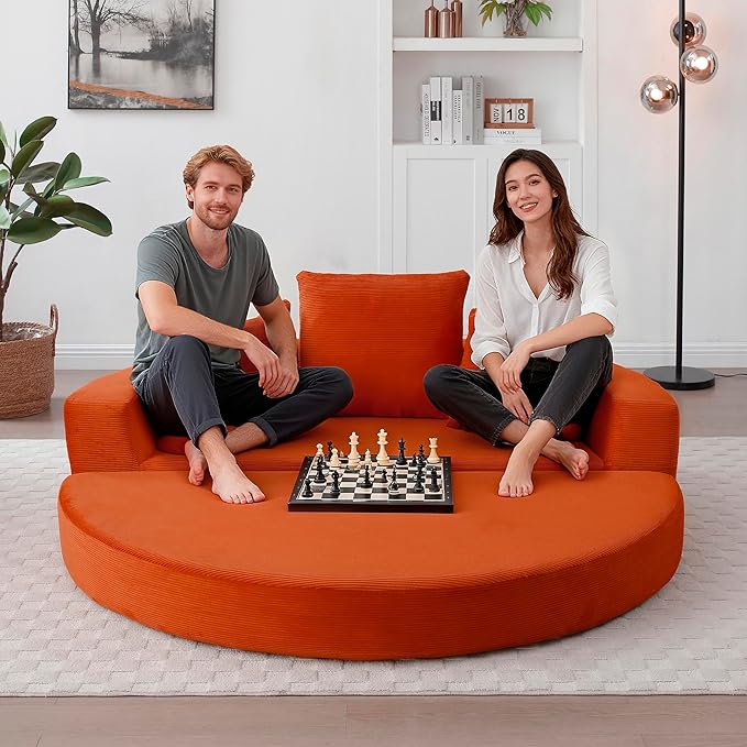 67" Round Convertible Folding Sofa Bed, Boneless Couch Loveseat, Floor Sleeper Chaise Lounge for Living Room, Apartment, Dorm, Small Spaces, Orange