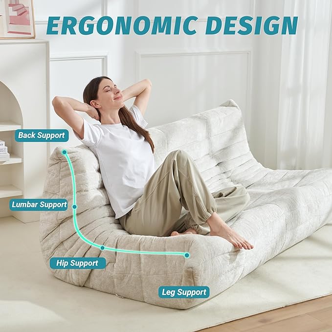 Homguava Bean Bag Chair, Giant Beanbag Chairs for Adults, Memory Foam Fireside Chair, Large Lazy Floor Sofa, Sofa Couch with High-Rebound Foam, Lounge Chair for Living Room, Bedroom (Beige, 3-Seater)