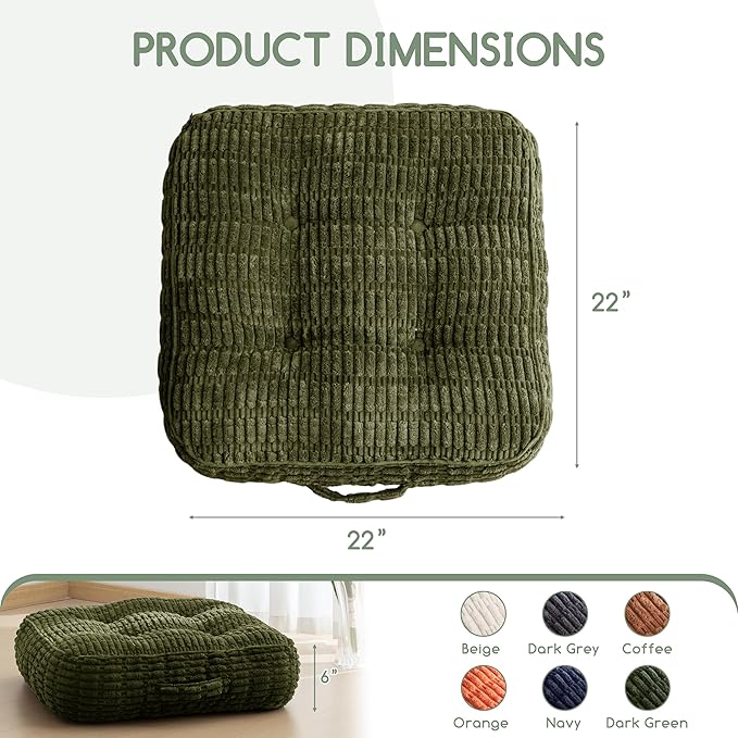 6" Washable Floor Pillow Cushion for Adults, Meditation Cushion Pillow, Removable Tufted Blended Corduroy Cover, Large Square Floor Sitting for Tatami Living Room or Yoga, 22x22 Inch, Machine Washable