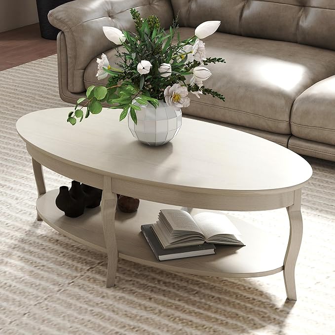 LZAREAL Coffee Table with Storage Oval Solid Wood Coffee Table Antique Farmhosue Living Room Table Rustic Center Table for Living Room Guest Room Reception Room Waiting Room, Faded White Color