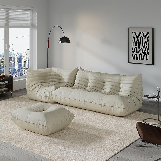 Comfy Lazy Floor Sofa Couch,Soft Armless Chair,Corner Faux Leather Lounge Chair,Corner Relax Sofa Couch for Living Room Bedroom,Salon Office,Adults(Corner+3P+Ottoman)