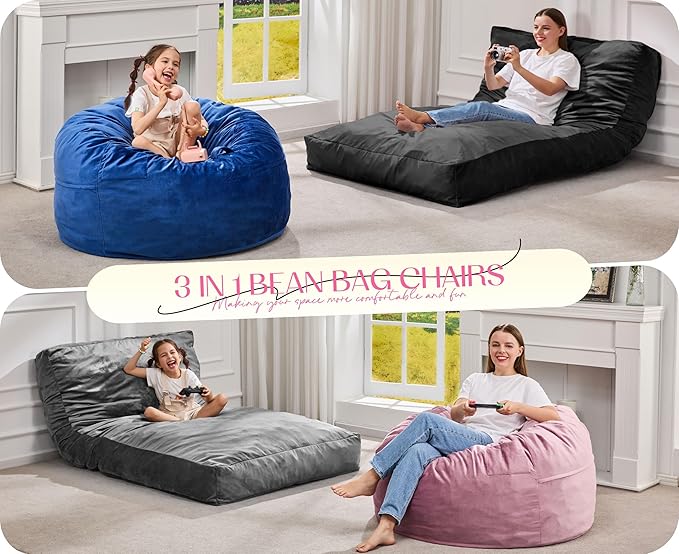 Hobestluk Giant Bean Bag Chair Bed for Adults, Large Bean Bags with High-Density Foam Filling, Convertible Big Sofa Bed Couch for Living Room, Bedroom, Playroom (Grey, Full)