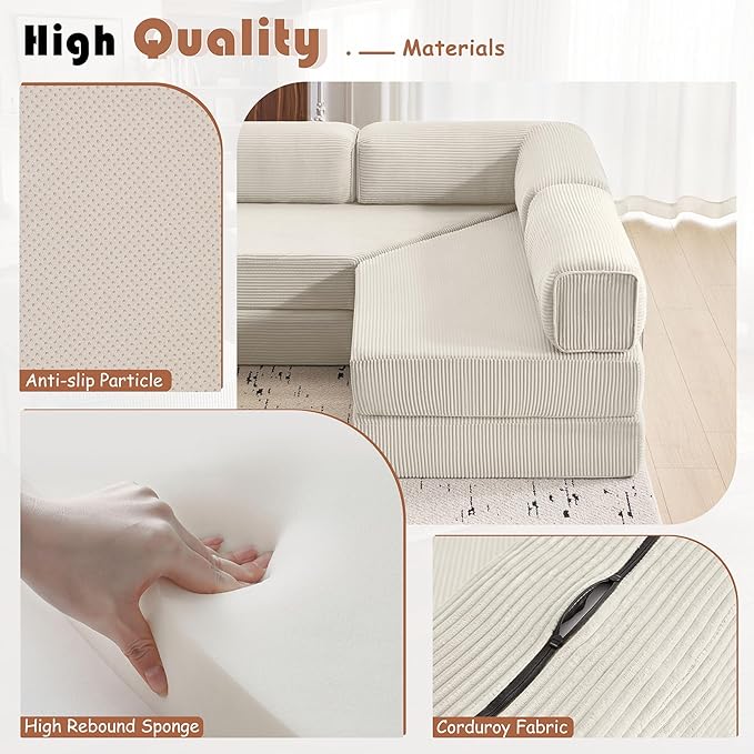 Modular Convertible Sofa Bed 106" L-Shaped with Reversible Chaise, Corduroy Floor Sleeper Boneless Couch, Folding Futon for Living Room, Apartment, Small Spaces, No Assembly Required, Beige