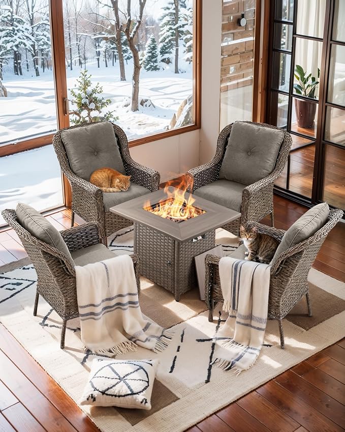 ACTREST Outdoor Patio Chairs with Fire Pit Table 5 Piece Set - High Back Brown Wicker Rattan Lawn Chair with Thick Cushion for Porch Apartment Deck Yard Poolside Garden - Grey