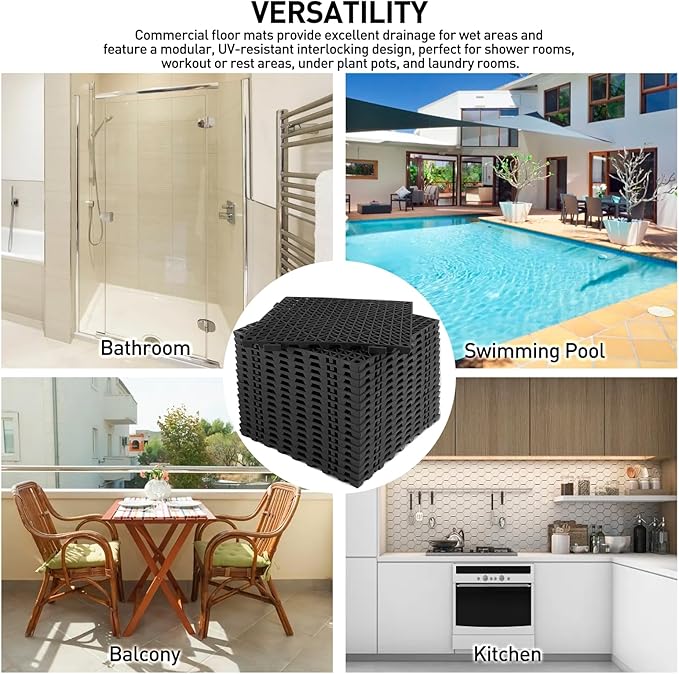MAXWAVE 18 Pack 12" x 12" Modular Interlocking Floor Mats, Soft PVC Non-Slip Drainage Tiles, Splicing Rubber Cushion Flooring for Deck, Shower, Pool, Basement, Shed, Indoor and Outdoor Use