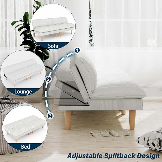 69" Futon Sofa Bed, 4 in 1 Multi-Function Couch Sleeper with Adjustable Backrest, Modern Convertible Futon, Recliner Small Loveseat for Living Room, Dorm, Plush Beige