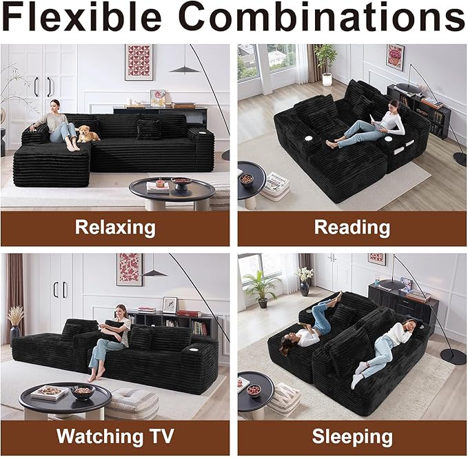 Cloud Sectional Couch with L-Shape Chaise, Modern Modular Sofa with Deep Seat, Built-in Cup Holder & Storage Pocket for Living Room Bedroom, No Assembly Required (Black, Right Sitting Chaise)