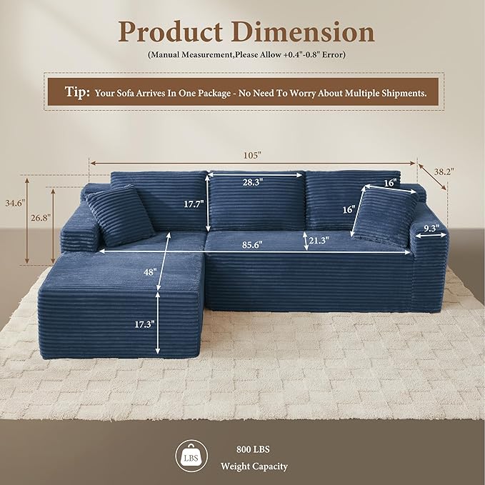 105" Sectional Couches for Living Room Cloud Couch Sofa with L-Shape Upholstered Boneless Couchs Modern Modular Sectional Couch with Chaise (Bule, 105" W+Left Facing Chaise+2Seaters)