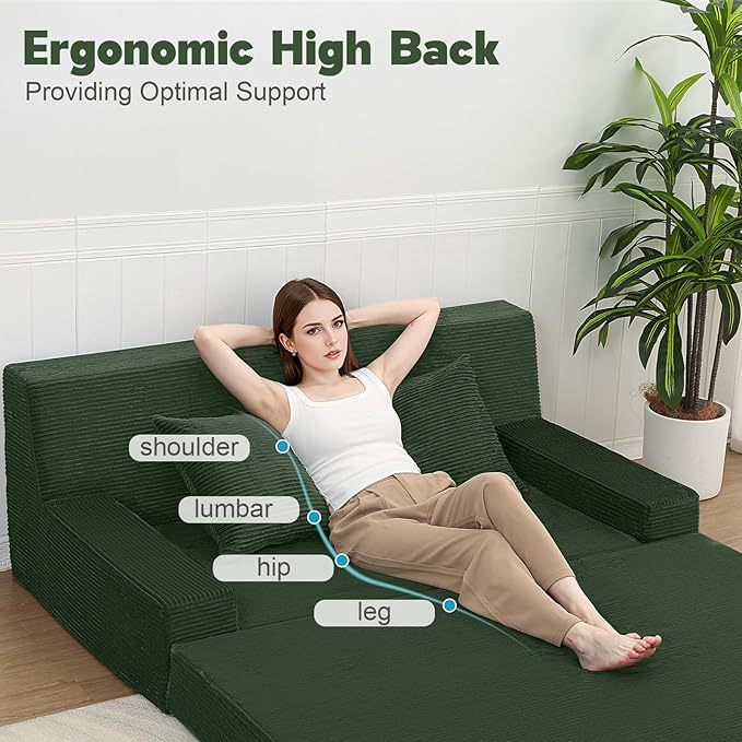 MeMoreCool Boneless Folding Sofa Bed, Corduroy Convertible Sleeper Chair, Foldable Foam Mattress Chair, Comfy Fold‑Out Futon Couch Bed, Large Floor Sofa Couch for Living‑Room Guest Dark Green