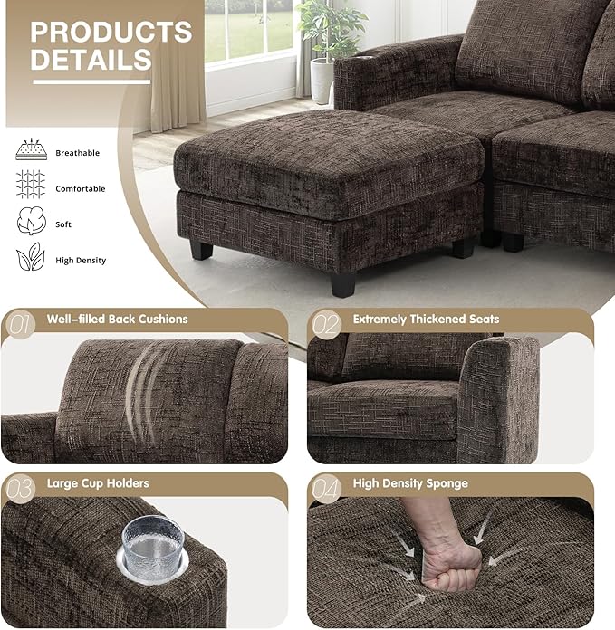 Lesofair 87" Convertible L-Shape Couch with Flexible Ottoman, Soft Sectional Sofa with 2 Built-in Cup Holders, Chenille 3 Seats Sofa with Well-Filled Back Cushions for Living Room, House, Brown