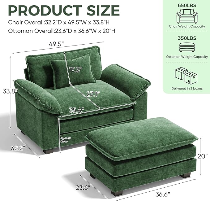 HUSFU Oversized Accent Chair with Ottoman, Chenille Cloud Couch Chair with Deep Seat and Extra Wide Armrests, Comfy Reading Armchair for Bedroom, Living Room, Set of 2, Green