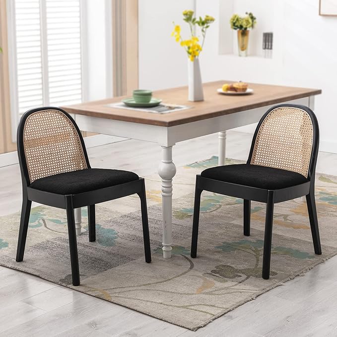 DUOMAY Mid-Century Modern Rattan Dining Chairs Set of 4, Wooden Dining Room Chair with Cane Backrest and Padded Seat, Black Sherpa Upholstered Dining Chair, Black Finish