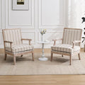 Mid Century Modern Accent Chair Set of 2, Upholstered Armchair with Solid Wood Frame & Wide Cushion Comfy Living Room Chairs Lounge Retro Reading Chair for Bedroom, Guest Room, Balcony, Khaki stripe