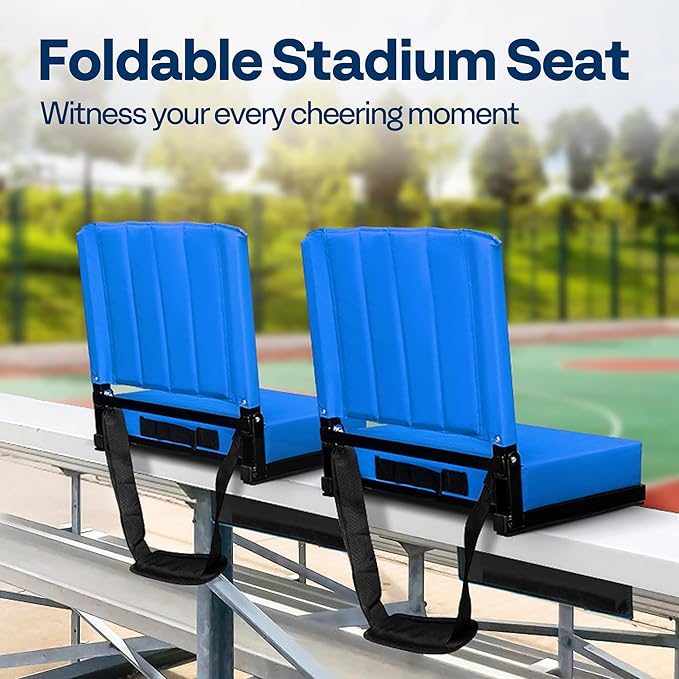 VIVOHOME 2 Pack Stadium Seats with Back Support and Cushion, Portable Bleacher Chair with Cup Holder and Shoulder Strap Blue