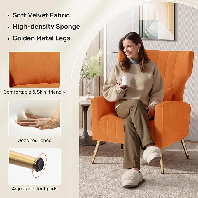 Nalupatio Modern Accent Chairs for Set of 2 Upholstered Velvet Fabric Reading Chair Mid Century Arm Chair Comfy Armchair for Living Room,Orange