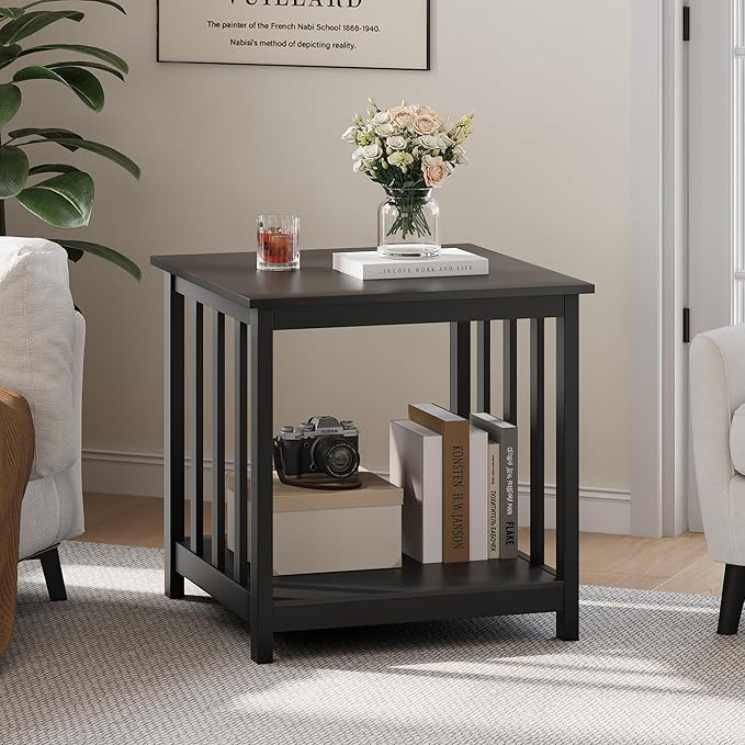 Treocho End Table, 24 Inch Square Side Table Living Room with 2-Tier Storage Shelf, Modern Nightstand for Living Room, Bedroom, Office, Black