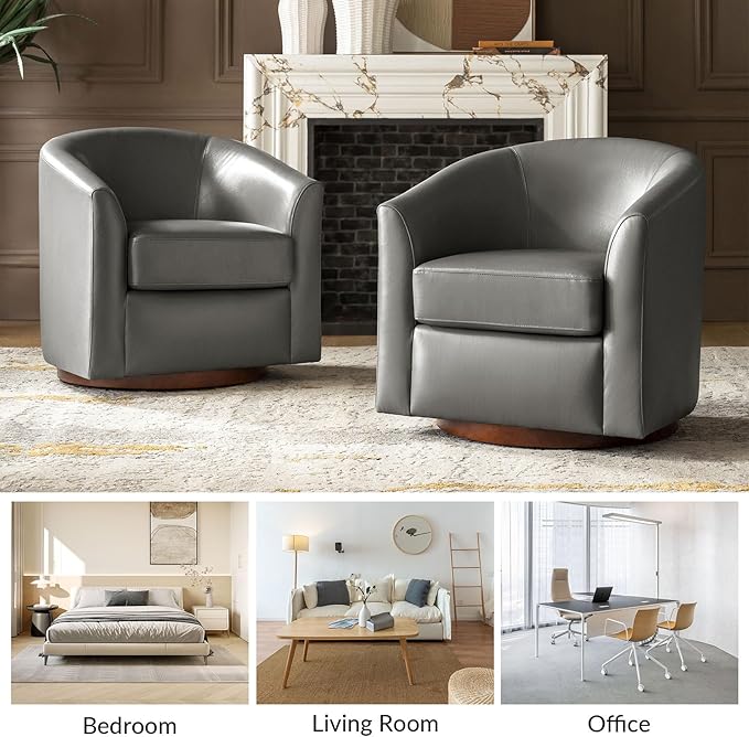 HULALA HOME Genuine Leather Swivel Accent Chairs Set of 2 with Solid Wood Base, Round Swivel Barrel Chairs for Living Room and Bedroom, No Assembly Required, Grey