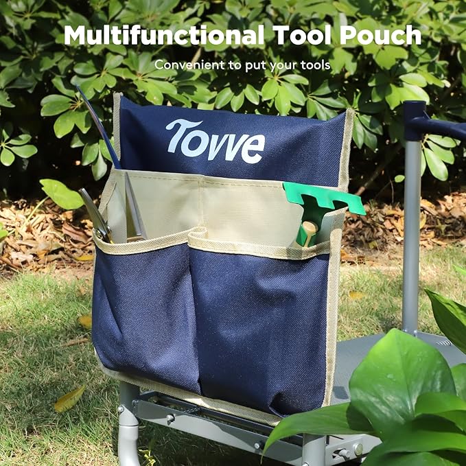 Tovve Upgraded Garden Kneeler and Seat with Thicken & Widen Soft Kneeling Pad, Heavy-Duty Foldable Garden Stool with Large Garden Tool Bag, Portable Garden Bench Gardening Gifts for Women, Seniors