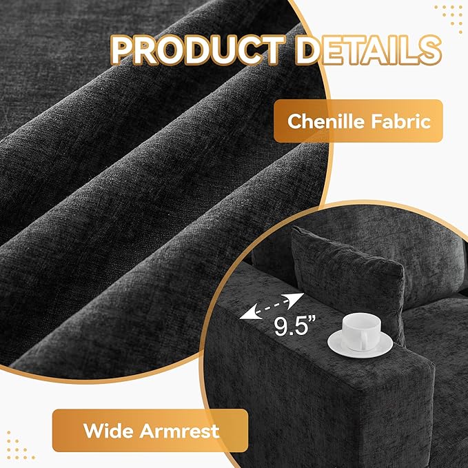 115'' Comfy Boneless Couch, Upholstered Deep Seat Modular Cloud Sofa, No Assembly Chenille Compression 3 Seater Sofa Couch for Living Room, Black