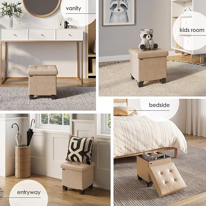 Storage Ottoman Cube with Small Bin, 16-in Square Ottoman with Storage for Living Room and Bedroom, Small Ottomans Foot Rest, Faux Leather Foot Stools Ottomans Max 330lbs, Taupe