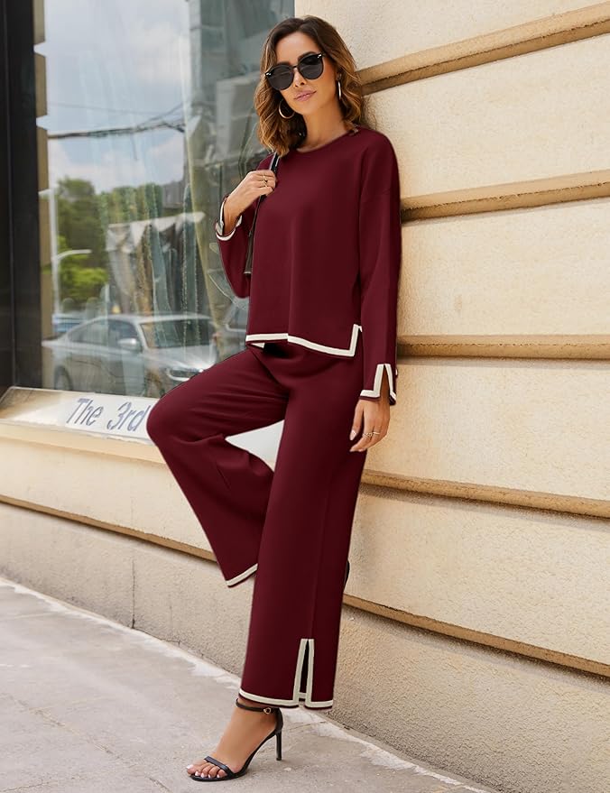 Tanming Women's 2 Piece Outfits Long Sleeve Knit Sweater Top Wide Leg Pants Lounge Sets Tracksuits