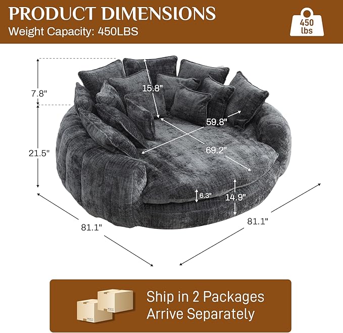 81" Oversized Bean Bag Chair Boneless Round Chaise Lounge Comfy Chenille Reading Chair Fluffy Plush Sofa Bed Large Deep Seat Circle Cloud Couch for Living Room, Bedroom, Apartment, Dark Gray