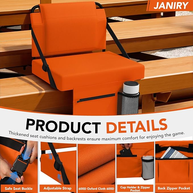 Stadium Seat 2 Pack for Bleachers with Back Support,Portable Bleacher Chairs with Back and Cushion，Orange