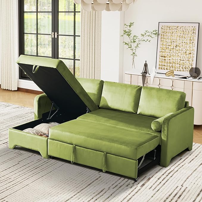 Tbfit 90.6'' 3 in 1 Sleeper Sofa Couch with Storage Chaise, Velvet Sofa Bed with Pull Out Bed, Convertible Sleeper Sofas for Living Room, Small Spaces, Green