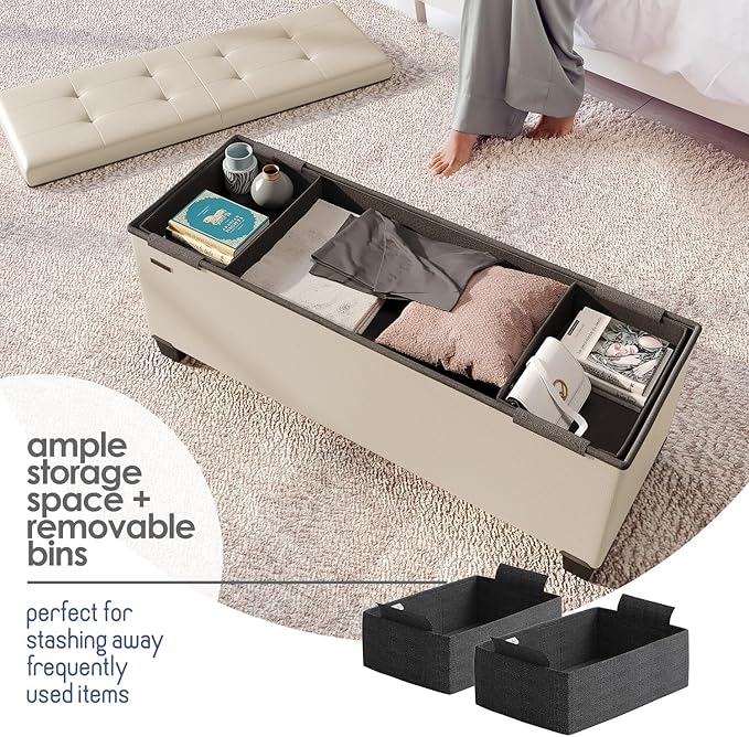 Storage Ottoman Bench with Bins, 43-in Storage Bench for Bedroom End of Bed, Folding Foot Rest Ottoman for Living Room Max 660lbs, Faux Leather Ottomans, Beige