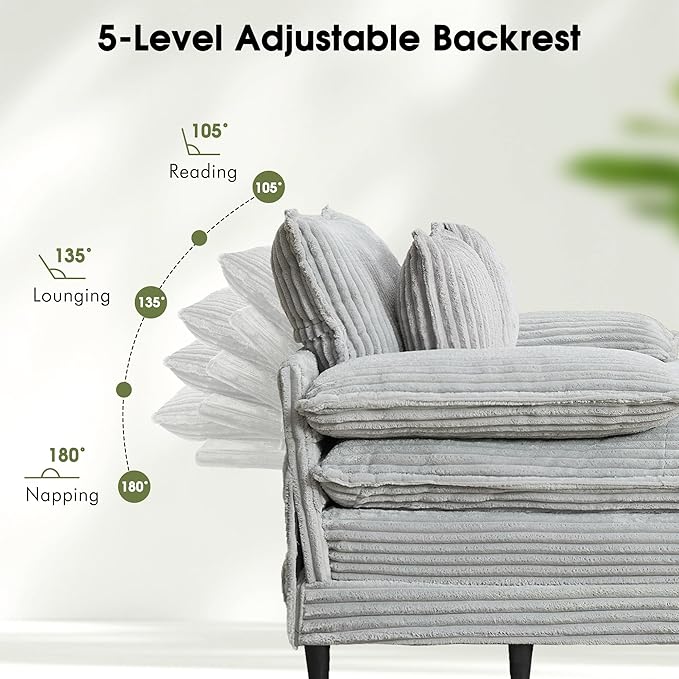 54.8" W Oversized Chaise Lounge Chair Indoor with 5-Position Adjustable Backrest, Corduroy Sleeper Sofa Bed with 3 Pillows, Modern Cloud Couch Chair for Living Room, Bedroom, Grey